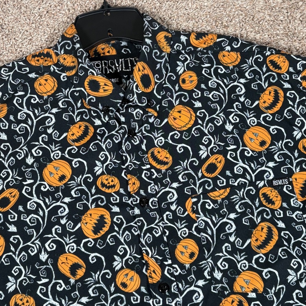 RSVLTS Mens Large Halloween Pumpkin Vine Kunuflex Short Sleeve Button Down Shirt